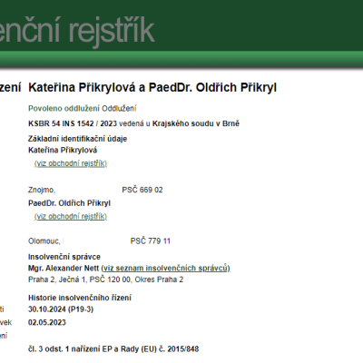 Detail insolvenčního řízení Kateřina Přikrylová a PaedDr. Oldřich Přikryl