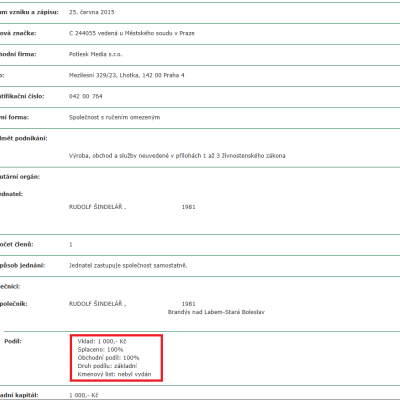 Rudolf Šindelář, 100% vlastněné s.r.o. se základním jměním